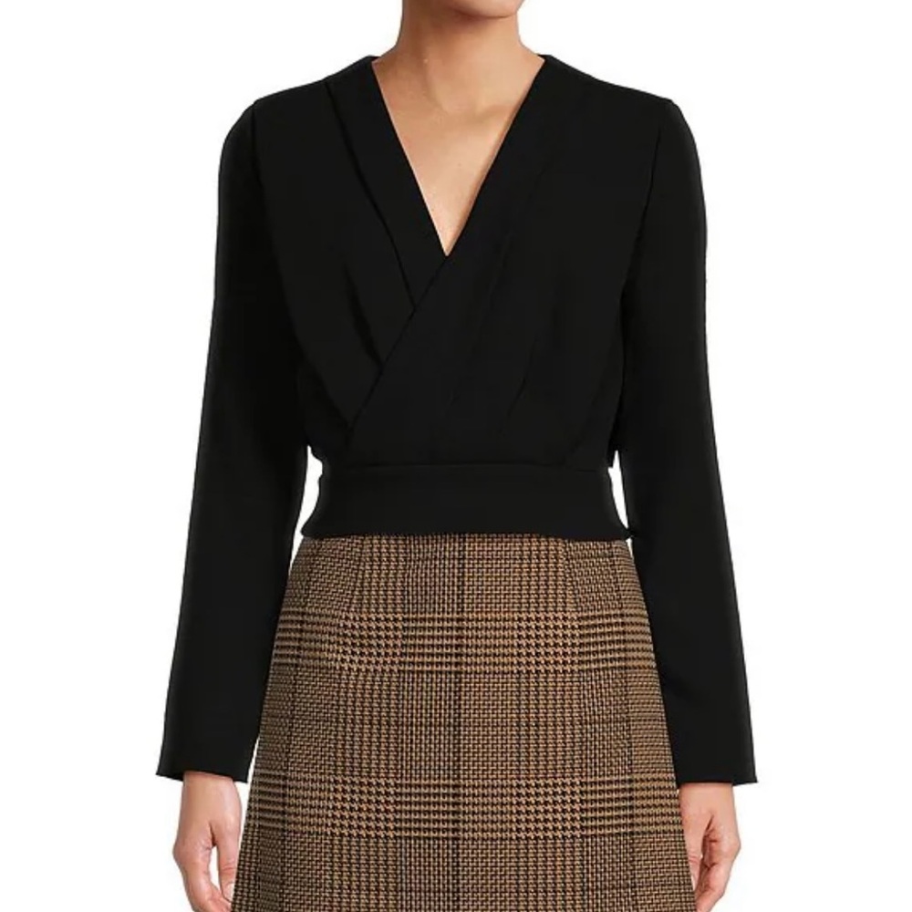 Antonio Melani Ira Crepe V-Neck Dropped Long Sleeve Ruched Black Top Size 0
